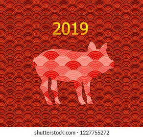 Vector Seamless Pattern, Oriental Style, 2019 New Year's Symbol: the Pig, Golden and Red Colors Background.