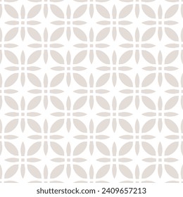 Vector seamless pattern in oriental style. Simple beige and white geometric floral ornament. Subtle abstract background texture with flower shapes, grid. Luxury repeated geo design for decor, textile