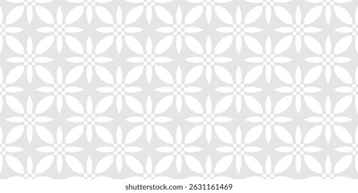 Vector seamless pattern in oriental style. Simple gray and white geometric floral ornament. Abstract minimal background. Subtle texture with flower shapes, lattice. Repeat geo design for decor, print