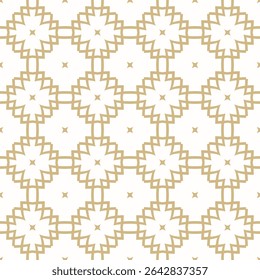 Vector seamless pattern in oriental style. Gold and white ornament texture with floral silhouettes, grid, curved shapes, stars. Golden abstract geometric background. Luxury repeated tileable design