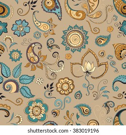 Vector seamless pattern in oriental style. Stylized flowers and leaves on a light brown background