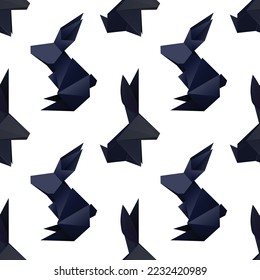 Vector seamless pattern with origami black rabbits on white background. Texture with polygonal hares. Symbol of Chinese of New year. Paper folded animal. Backdrop for wallpaper and fabric