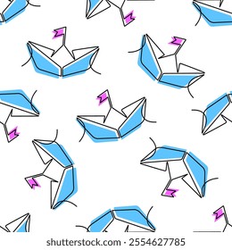 Vector seamless pattern with origami boat and crane, continuous one line art hand drawing. Marine background with thin line icons. Template for design banners, postcard, packaging or wrapping paper.