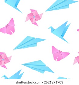 Vector seamless pattern with origami figures such as butterfly,	bird, plane etc. isolated on white background.