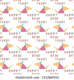 Vector seamless pattern with origami inscription Happy new year and rat. Rat zodiac sign, symbol of 2020 on the Chinese calendar. Year of the rat. Chinese horoscope.