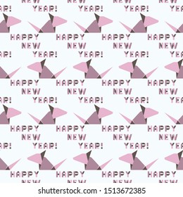 Vector seamless pattern with origami inscription Happy new year and rat. Rat zodiac sign, symbol of 2020 on the Chinese calendar. Year of the rat. Chinese horoscope.