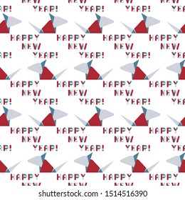 Vector seamless pattern with origami inscription Happy new year and rat. Rat zodiac sign, symbol of 2020 on the Chinese calendar. Year of the rat. Chinese horoscope.