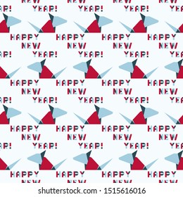 Vector seamless pattern with origami inscription Happy new year and rat. Rat zodiac sign, symbol of 2020 on the Chinese calendar. Year of the rat. Chinese horoscope.