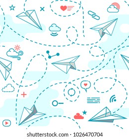 Vector seamless pattern with origami paper airplanes and conceptual social media icon. Pattern for background, textile, wrapping paper and other decoration.Vector illustration.