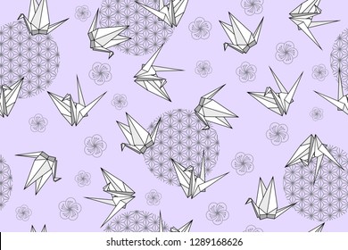 Vector seamless pattern with origami paper birds and sakura. Polygonal seamless pattern with birds cranes. Pattern for fabric, baby clothes, background, textile, wrapping paper and other decoration.