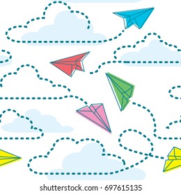 Vector seamless pattern with origami paper airplanes. Pattern for fabric, baby clothes, background, textile, wrapping paper and other decoration. Vector illustration.