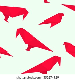 Vector seamless pattern with origami of pigeons. Pattern with red birds on the light background.