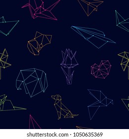 Vector seamless pattern with origami planes, flowers, animals and paper boats