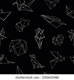 Vector seamless pattern with origami planes, flowers, animals and paper boats