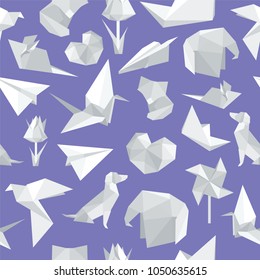 Vector seamless pattern with origami planes, flowers, animals and paper boats