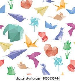 Vector seamless pattern with origami planes, flowers, animals and paper boats