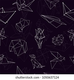 Vector seamless pattern with origami planes, flowers, animals and paper boats