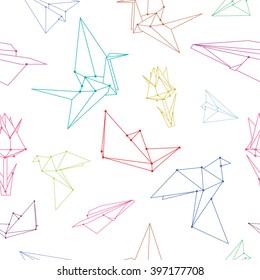 Vector seamless pattern with origami planes, birds, flowers and paper boats 