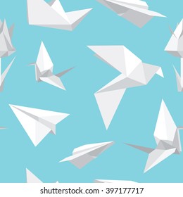 Vector seamless pattern with origami planes, birds, flowers and paper boats 