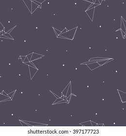 Vector seamless pattern with origami planes, birds and paper boats 