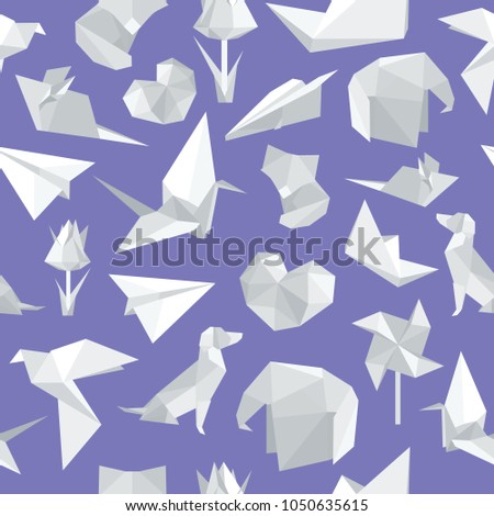 Vector seamless pattern with origami planes, flowers, animals and paper boats