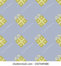 Vector seamless pattern. Ornament of gift boxes and Christmas inscription. Design for fabric, textile, wrapping paper, packaging.