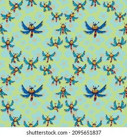 Vector seamless pattern. Ornament with insects and flowers. Design print for textile, fabric, wallpaper, background.