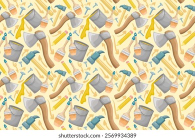 vector seamless pattern. ornament with repair tools. background, wallpaper for building materials store. axe, hammer, paint and brush. repair, house construction.