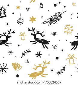 
Vector seamless pattern, ornament, wallpaper, wrapping paper, funny deer, funny drawings, Christmas, New Year, celebrate, holidays, red background, print.