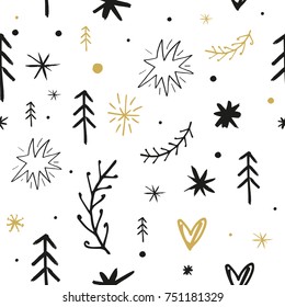 Vector seamless pattern, ornament, wallpaper, wrapping paper, funny hand drawn elements, cute drawings, snowflakes, Christmas, New Year, celebrate, holidays, white background, print.