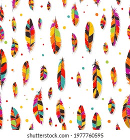 Vector seamless pattern of ornamental beads and feathers in colors