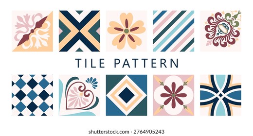 Vector seamless pattern with ornamental ceramic tiles in terracotta, orange and beige colors, mediterranean style