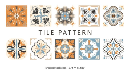 Vector seamless pattern with ornamental ceramic tiles in terracotta, beige and blue mediterranean style