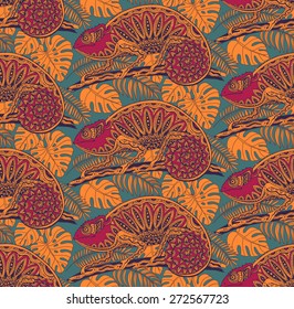 Vector seamless pattern with ornamental chameleons.