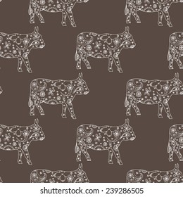 Vector seamless pattern with ornamental cows