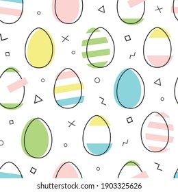 Vector seamless pattern with ornamental eggs in memphis style. Easter holiday graphic background for printing on fabric, paper for scrapbooking, gift wrap and wallpapers.