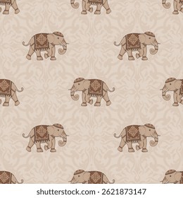 Vector Seamless Pattern with Ornamental Elephants in Traditional Decor on Brown Background for Fabric, Wallpaper, Gift Wrap, and Invitations