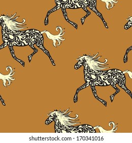 Vector seamless pattern with ornamental horses