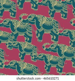 Vector seamless pattern with ornamental indian Elephant on red. Hand drawn ethnic illustration with tribal elements for print, textile, wrapping, phone case and other seamless fashion boho design. 