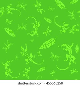 vector seamless pattern with ornamental lizards and dragonflies