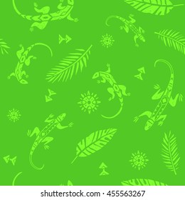 vector seamless pattern with ornamental lizards and palm leaves