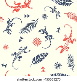 vector seamless pattern with ornamental lizards and palm leaves