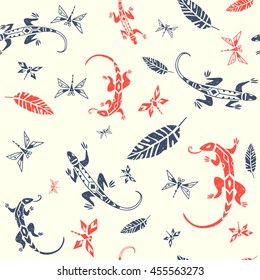 vector seamless pattern with ornamental lizards and dragonflies