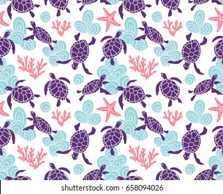 Vector seamless pattern with ornamental ocean turtles. Blue ethnic hand drawn fabric design