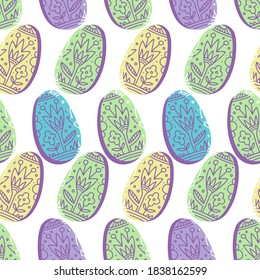 Vector seamless pattern of ornamental silhouettes of easter eggs with flower ornament in lines in pastel colors. The design is perfect for stationary, textile, decorations, backgrounds