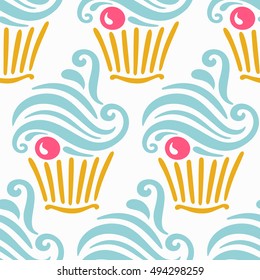 Vector seamless pattern with ornamental swirl hand drawn decorative cakes