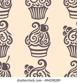 Vector seamless pattern with ornamental swirl hand drawn cakes