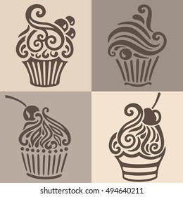 Vector seamless pattern with ornamental swirl hand drawn decorative cakes