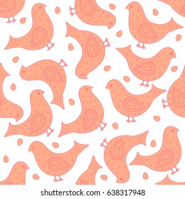 Vector seamless pattern of ornate birds with eggs in the background