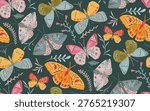 Vector seamless pattern with ornate butterflies, flowers and plants. Folk art floral natural endless background